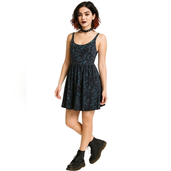Hot Topic Sugar Skull Print Black Blue Purple Skater Dress Day of the Dead - Picture 1 of 9